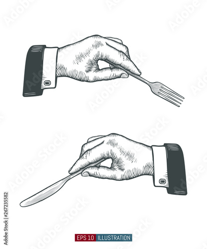 Hand drawn hands holding fork and knife. Engraved style vector illustration. Elements for you design works.