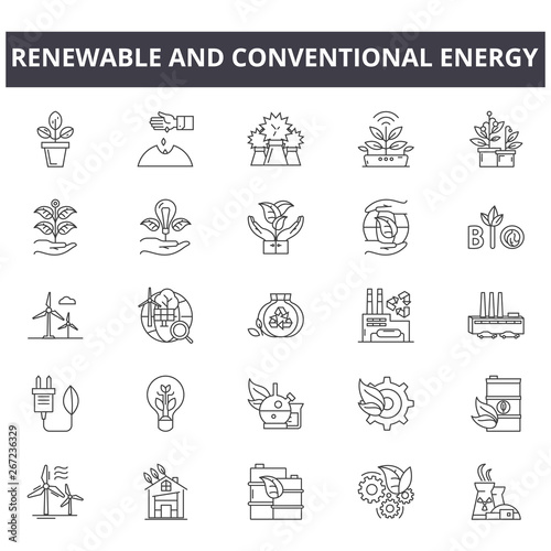 Renewable and conventional energy line icons, signs, vector set, outline concept, linear illustration