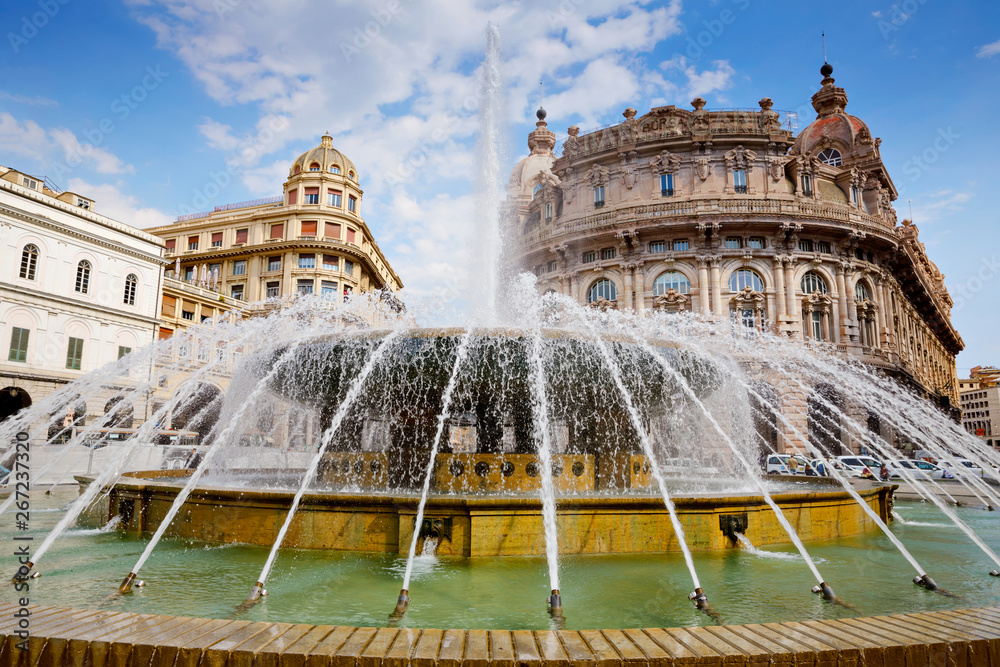 Piazza De Ferrari is the main square of Genoa, renowned for its fountain and where many institutions were established: stock exchange, Credito Italiano. Genova, Italy