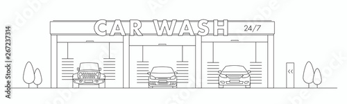 Car wash line illustration with three cars in a tunnel carwash