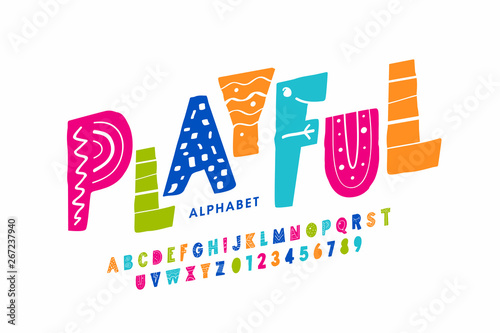 Playful style font design, childish alphabet letters and numbers