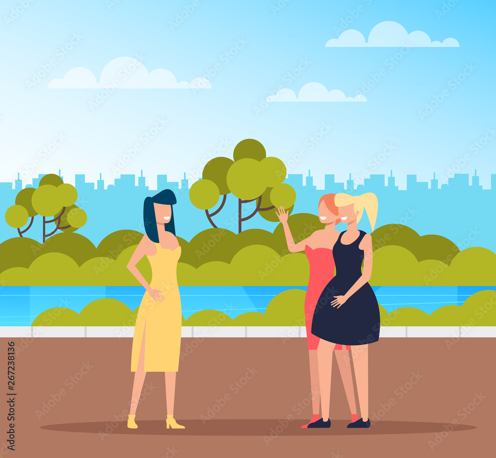 Friends woman girls characters meeting in public park. Vector design flat graphic cartoon illustration 