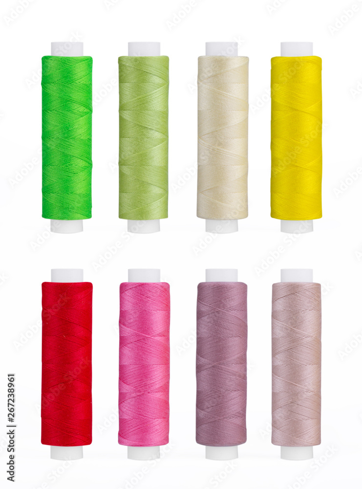 Set of sewing thread coils, miscellaneous colours, isolated on white