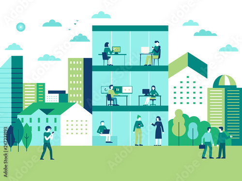 Vector illustration in flat simple style with characters - city landscape and coworking center with people working at the computers