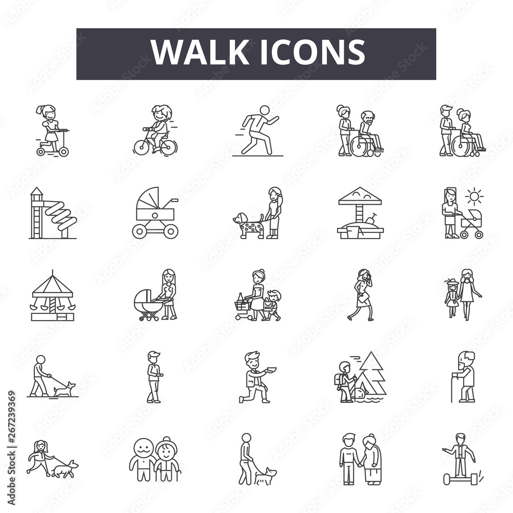 Walking line icons, signs set, vector. Walking outline concept