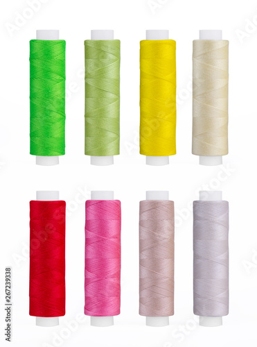 Set of sewing thread coils, miscellaneous colours, isolated on white
