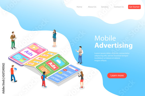 Flat isometric vector landing page template of mobile advertising.