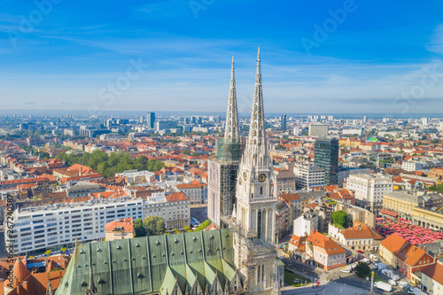 Zagreb, capital of Croatia, cathedral and city center aerial view