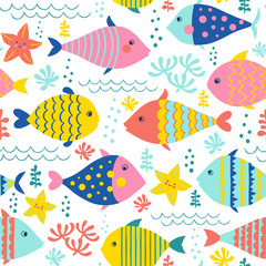Papier peint photo Vagues de la mer patrons Poissons et plantes aquatiques colorés  © Julia