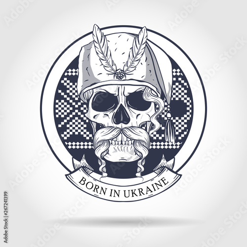 Hand drawn sketch, skull with Ukrainian embroidery pattern, mustaches, hetman hat, Ukrainian flag. Poster, flyer design
