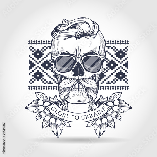Hand drawn sketch, skull with Ukrainian embroidery pattern, mustaches, branches of viburnum, sunglasses. Poster, flyer design