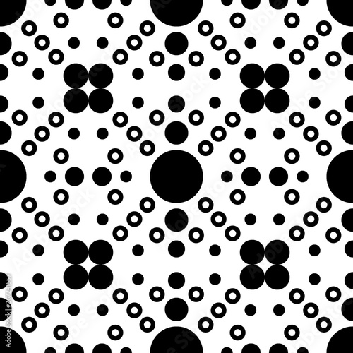 Abstract contrast seamless pattern. Geometric figures - black сircles and rings.
