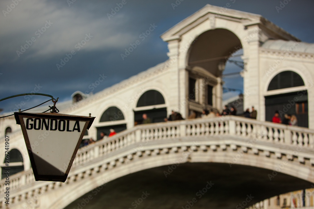 Fototapeta premium Lantern indicating a Gondola Rental Stop at the famous Rialto Bridge in Venice, Italy