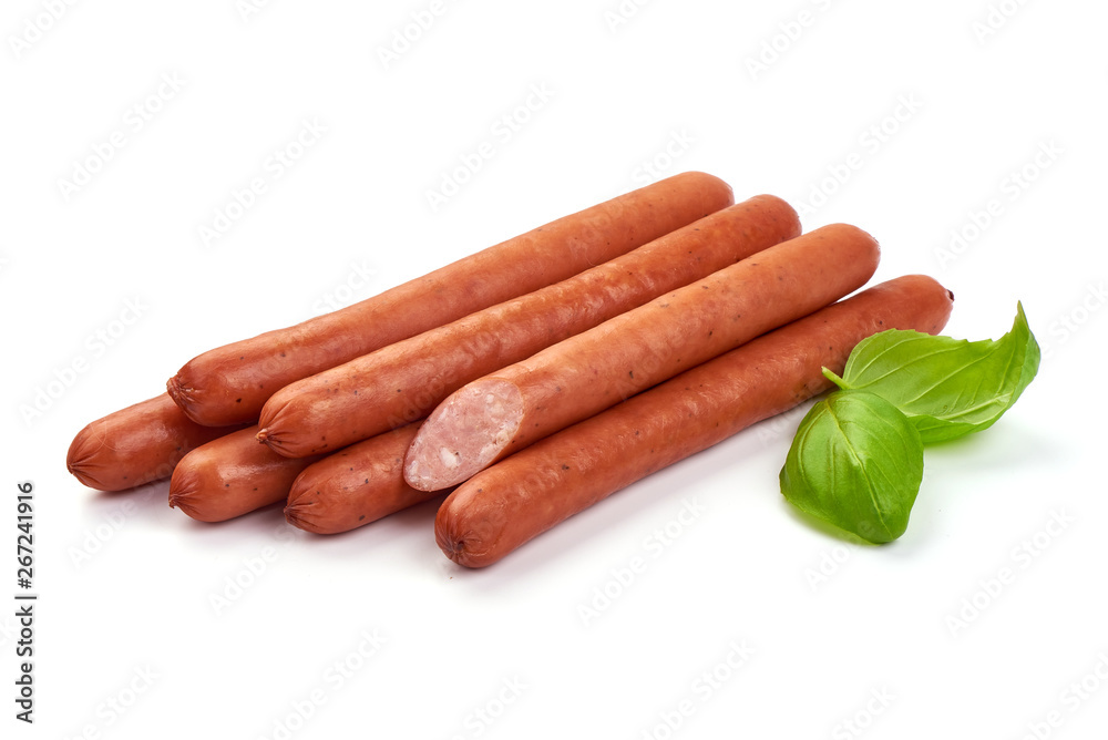 Thin Smoked Sausages with basil leaves, close-up, isolated on white background Thin Smoked Sausages with basil leaves, close-up, isolated on white background