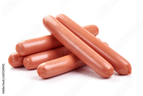 Fresh pork boiled sausages, close-up, isolated on white background