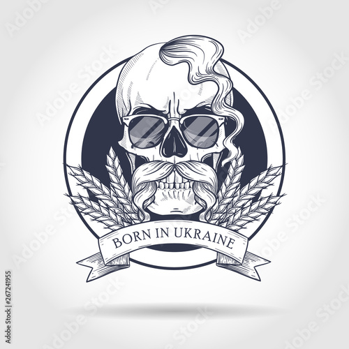Hand drawn sketch, skull with Ukrainian flag, mustaches, spikes of wheat, oseledets hairstyle, sunglasses. Poster, flyer design