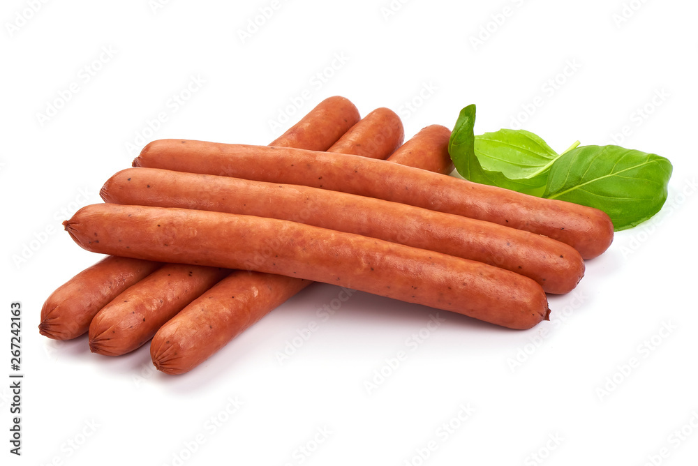 Smoked Pork Sausages with basil leaves, close-up, isolated on white background Smoked Pork Sausages with basil leaves, close-up, isolated on white background