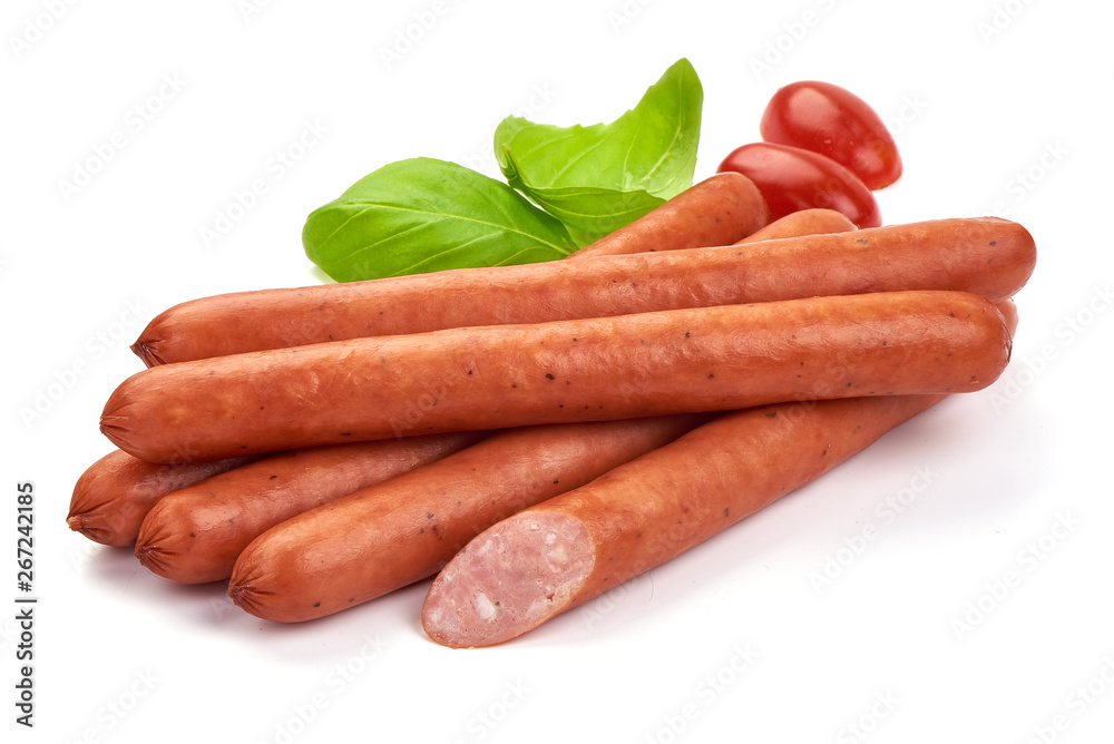 Smoked beef sausages with basil leaves, close-up, isolated on white background Smoked beef sausages with basil leaves, close-up, isolated on white background