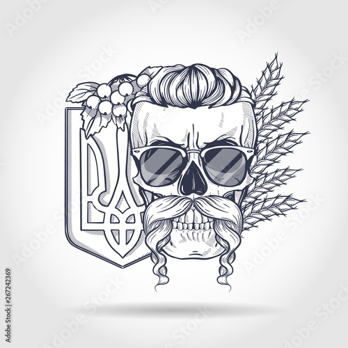 Hand drawn sketch, skull with Ukrainian emblem, mustaches, branches of viburnum, spikes of wheat, sunglasses. Poster, flyer design