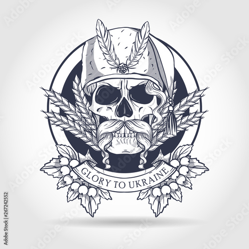 Hand drawn sketch, skull with Ukrainian flag, spikes of wheat, branch of viburnum, hetman hat, mustaches. Poster, flyer design