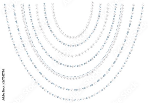 Set of hanging string of black pearls isolated on white background. Vector elements for decoration.