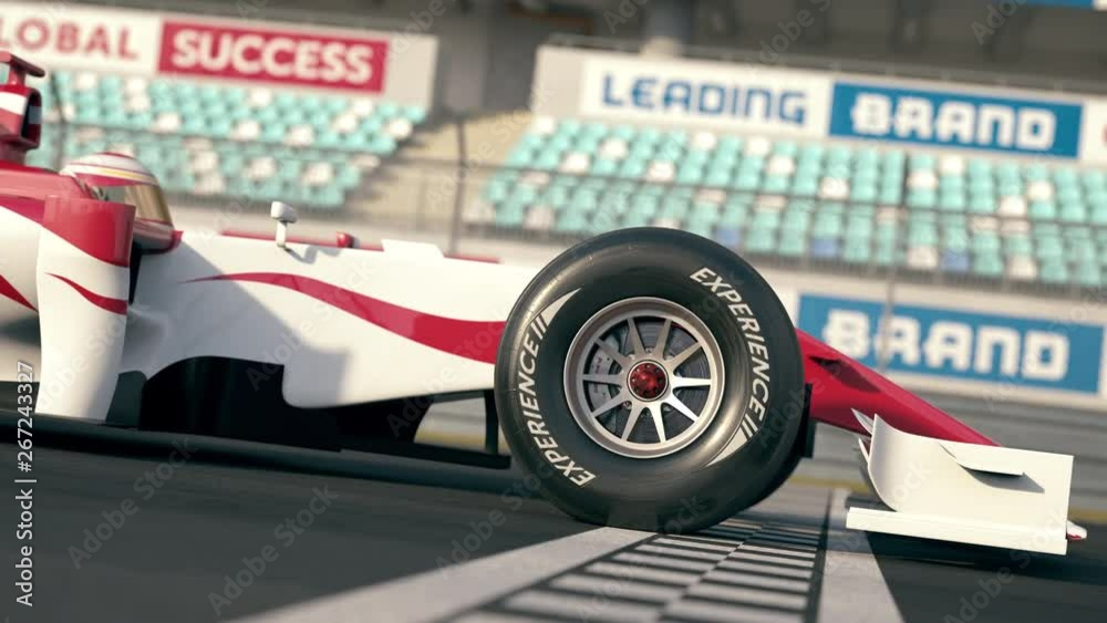 Side view of a generic race car driving across the finish line in slow motion - close-up front wheel - realistic high quality 3d animation - my own car design - no copyright/trademark infringement 