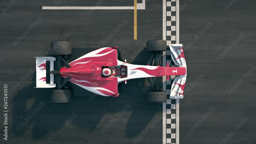 Top view of a generic race car driving across the finish line in slow motion - realistic high quality 3d animation - my own car design - no copyright/trademark infringement