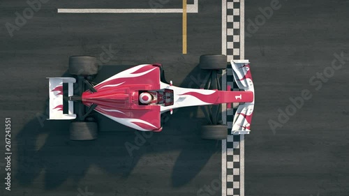 Top view of a generic race car driving across the finish line in slow motion - realistic high quality 3d animation - my own car design - no copyright/trademark infringement