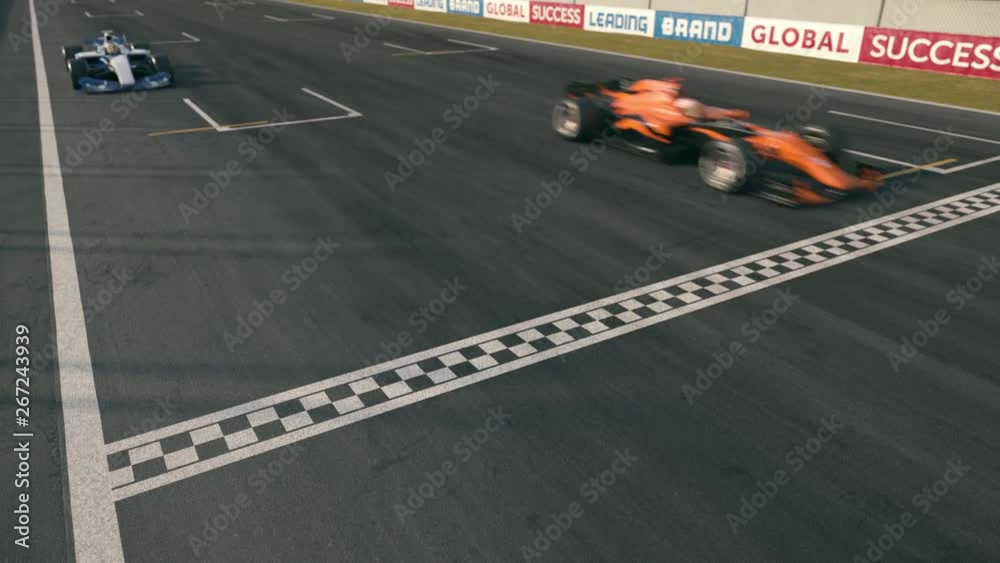 Static top view of generic race cars driving across the finish line  - realistic high quality 3d animation - my own car design - no copyright/trademark infringement