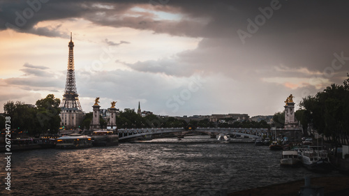 The Seine River and the Eiffel Tower at sunset in Paris - Paris, France