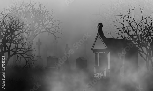 Fotografie Scary cemetery with mausoleum in horror night