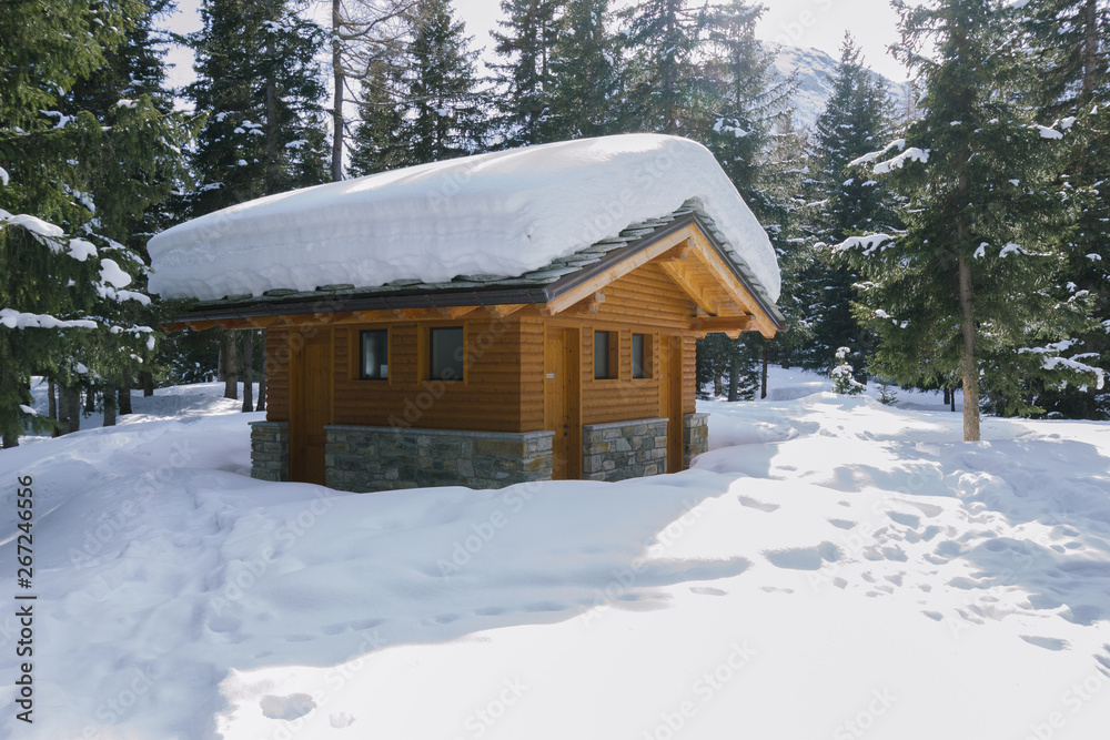 Casa di legno isolata nel bosco con il tetto coperto di neve Casa di legno isolata nel bosco con il tetto coperto di neve