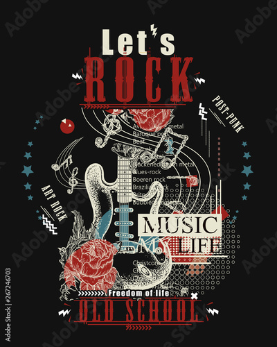 Rock music print. Electro guitar and roses. Let's Rock slogan. Musical vector art, t-shirt design