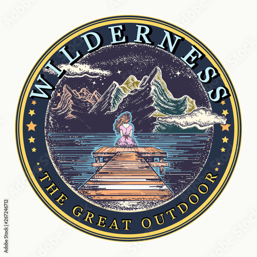 Woman and mountains. Symbol of dream, romantic. Wilderness, the great outdoors slogan, t-shirt design