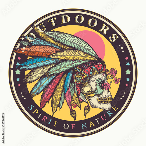 Warrior symbol. Native American indian feather headdress with human skull. Outdoors slogan. Spirit of nature