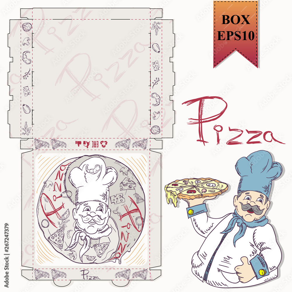 ready made layout_25_of the packaging box for pizza food design in the style of contour drawing depicting the products used for cooking