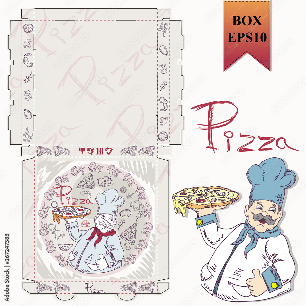 ready made layout_26_of the packaging box for pizza food design in the style of contour drawing depicting the products used for cooking