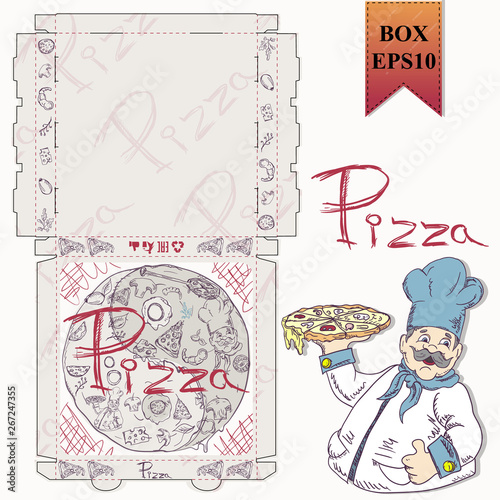 ready made layout_23_of the packaging box for pizza food design in the style of contour drawing depicting the products used for cooking