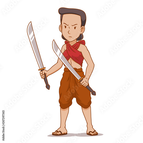 Cartoon character of Thai ancient warrior holding double swords.	