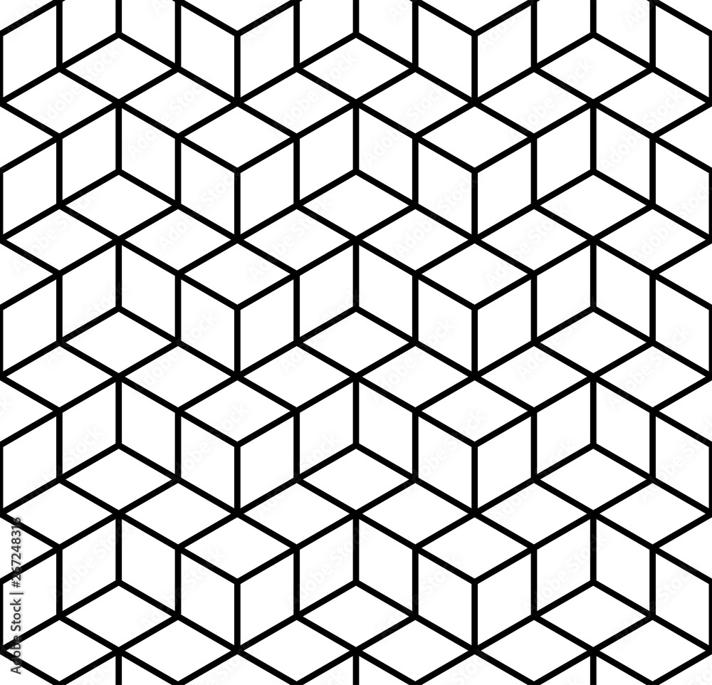 Abstract seamless hexagon 3d cubes pattern. Vector illustration. Geometric minimal black and white pattern. Abstract seamless hexagon 3d cubes pattern. Vector illustration. Geometric minimal black and white pattern.