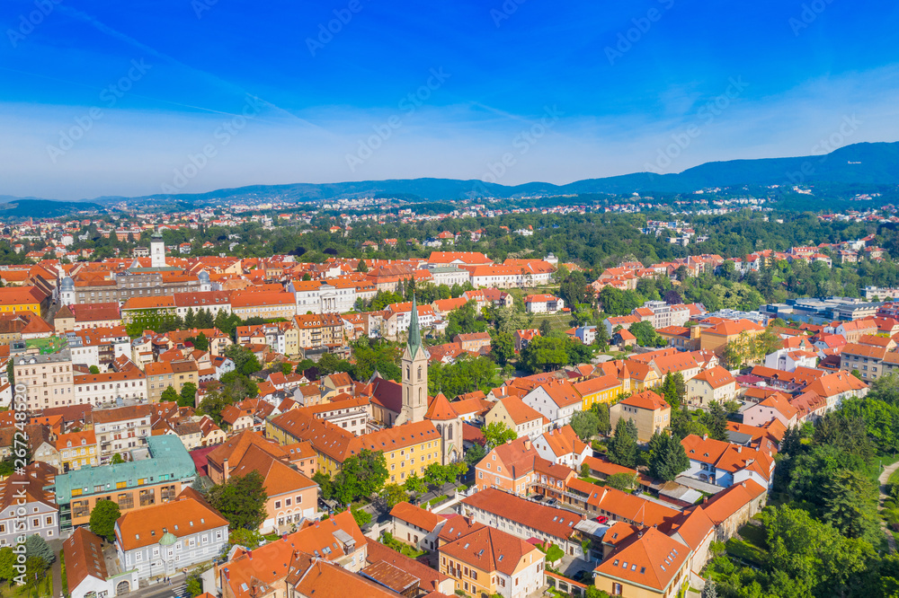 Zagreb, Croatia, panoramic view on Upper town and city center from drone, popular tourist destination