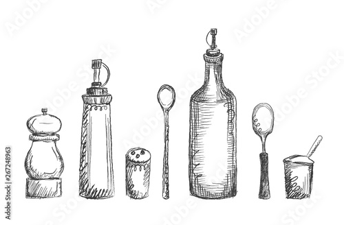 Set of kitchen utensils graphic symbols, rough line