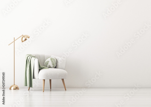 Fototapeta Naklejka Na Ścianę i Meble -  Living room interior wall mockup with gray velvet armchair, round pillow with tropical pattern, green plaid and standing lamp on empty white wall background. 3D rendering, illustration.