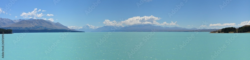 Panorama of Lake Pukaki in New Zealand with mountains in the background Panorama of Lake Pukaki in New Zealand with mountains in the background