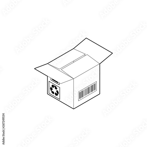 Outline cardboard box icon. Empty corrugated box with two open and two closed flaps. Isometric vector isolated on white background.