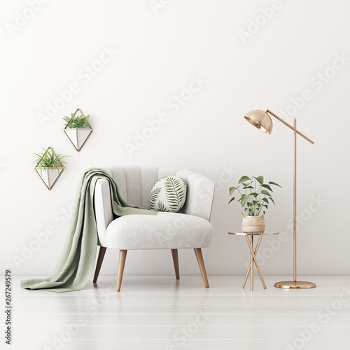 Living room interior wall mockup with gray velvet armchair, round pillow with tropical pattern, green plaid, lamp, coffee table and plants on empty white wall background. 3D rendering, illustration.