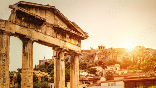 Canvas Print Sunny view of Ancient Greek ruins and Acropolis, Athens, Greece
