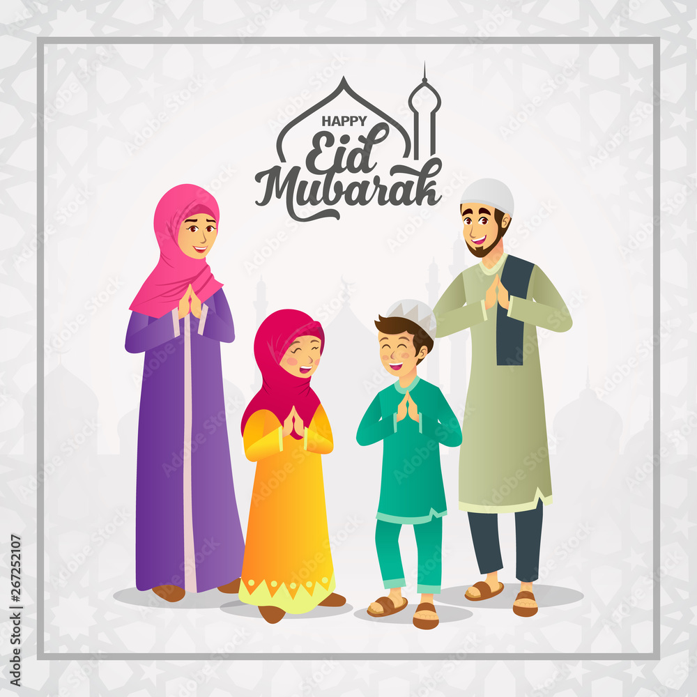 Eid mubarak greeting card. Cartoon muslim family celebrating Eid al fitr  with mosque as background. Vector illustration for Eid greeting card,  banner and poster Stock Vector | Adobe Stock