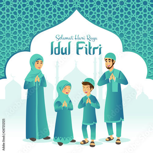 Selamat hari raya Idul Fitri is another language of happy eid mubarak in Indonesian. Cartoon muslim family celebrating Eid al fitr with mosque and arabic frame on background