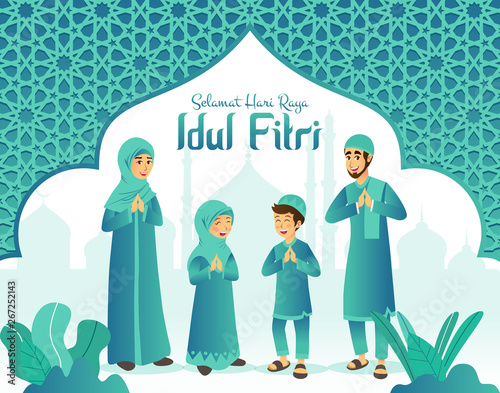 Selamat hari raya Idul Fitri is another language of happy eid mubarak in Indonesian. Cartoon muslim family celebrating Eid al fitr with mosque and arabic frame on background